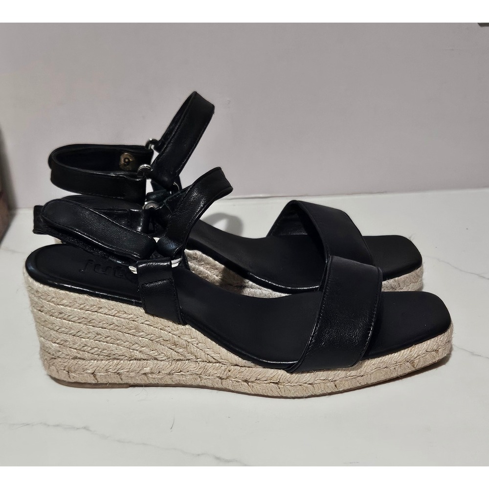 Jutelia Black Leather Espadrille Wedge Sandals Square Toe Made in Spain Size 40